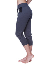 Women’s 3/4 cuffed capri yoga pant in charcoal heathered fabric with black pocket and drawstring waistband