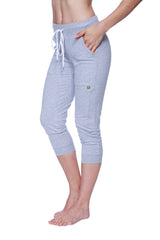 Women’s 3/4 cuffed capri yoga pants in light gray heather with white drawstring waistband and side pockets