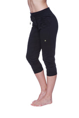 Women’s solid black 3/4 cuffed capri yoga pants with drawstring waistband and subtle side pockets