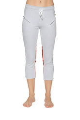 Women’s grey capri yoga pants with red and black side stripes and a white drawstring waistband