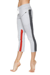 Women’s gray red 4/5 length capri yoga pants with zipper pocket and drawstring waistband for athletic use