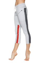 Women’s gray red 4/5 length capri yoga pants with zipper pocket and drawstring waistband for athletic use