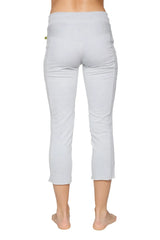 Back view of women’s heather grey soft capri yoga pants with ribbed waistband and zipper pocket detail