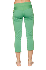 Women’s bamboo green 4/5 length capri yoga pants with high-waisted elastic band and subtle side pockets