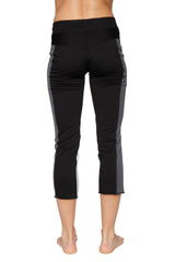 Women’s black and gray high-waisted 4/5 length zipper pocket capri yoga pants designed for athletic wear