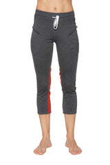 Women’s charcoal heathered capri yoga leggings with red side stripes white drawstring and zipper pocket detail