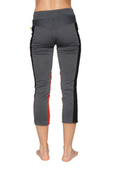 Women’s 4/5 length zipper pocket capri yoga pant in charcoal with black and red color blocking side panels