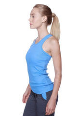 Women’s All-American racerback tank top in vibrant ice blue ribbed fabric with scoop neckline and side seam detail