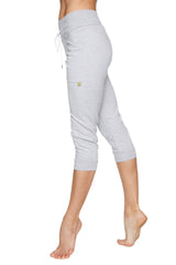 Women’s cuffed jogger yoga pant in light gray heathered fabric with high waistband and white drawstring