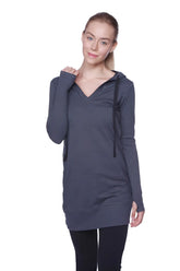 A dark gray long-sleeved hooded tunic with v-neck and drawstring in charcoal with black detailing