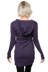 Women’s long body hoodie top in eggplant purple with a relaxed draped silhouette and long sleeves