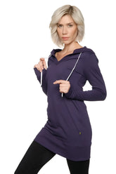 Women’s long body hoodie top in eggplant purple with white drawstrings and front pocket made from soft fabric
