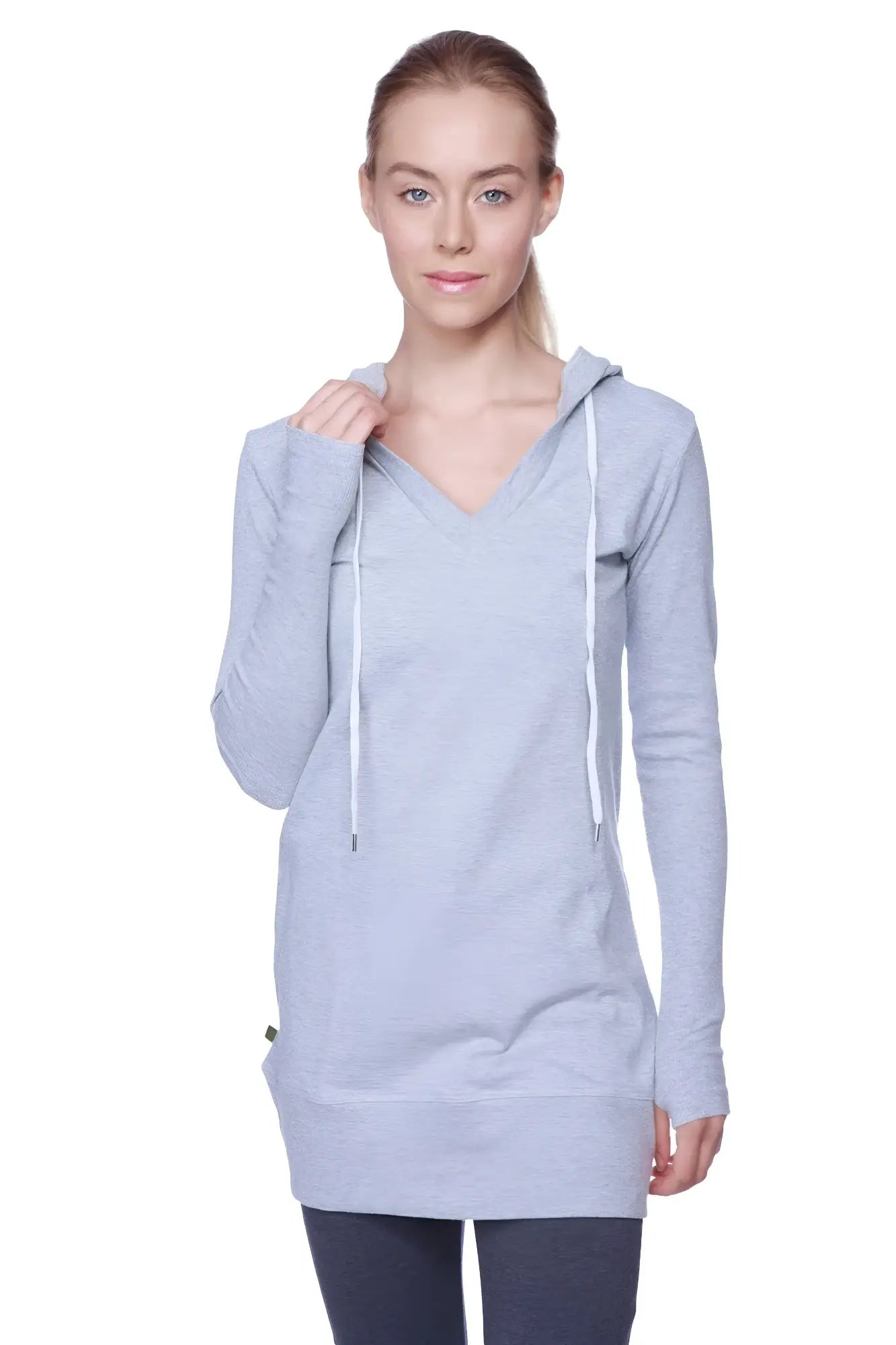 Women’s light gray heathered long body hoodie top with v-neck and white drawstrings in soft fabric