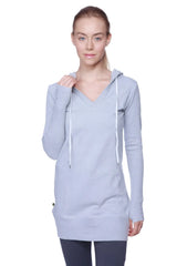 Women’s light gray heathered long body hoodie top with v-neck and white drawstrings in soft fabric