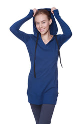 A navy blue long-sleeved hooded tunic with black drawstrings and v-neckline women’s long body hoodie top royal blue w charcoal