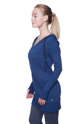 Women’s long body hoodie top in royal blue with charcoal black drawstrings and v-neckline long sleeves