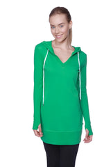Women’s long body hoodie top in solid bamboo green with white drawstrings and v-neckline made of vibrant fabric