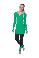 A vibrant green long-sleeved hooded bamboo top with white drawstrings and a v-neckline for women
