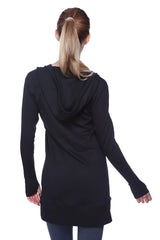 Women’s long body hoodie top in solid black with relaxed fit and ribbed cuffs made from soft fabric