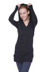 Black long-sleeved hooded tunic with v-neck and drawstring detailing in a women’s long body hoodie top design
