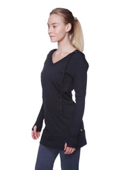 Women’s solid black long body hoodie top with v-neck long sleeves and drawstring hood designed for casual wear