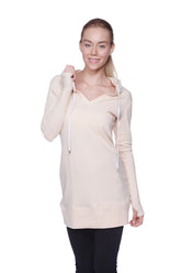 Beige long-sleeved hooded top with white drawstrings and v-neckline in solid sand camel beige for women