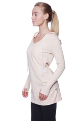 Beige long sleeved women’s hoodie top with white drawstrings and v neck perfect for casual wear