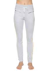 Women’s organic boyfriend yoga training pant in light gray with cream side stripes and white drawstring waistband