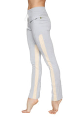 Women’s organic boyfriend yoga training pant in light gray with cream vertical stripes and white drawstring waistband