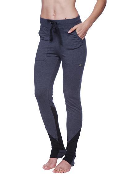 Women’s performance yoga pant in dark gray and black with drawstring waistband, side pockets, and thigh panels