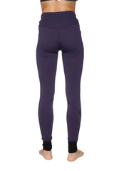 Women’s straight-leg long performance yoga pant in purple with black ribbed cuffs high-waisted leggings