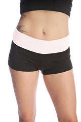 Womens yoga transition shorts in black with wide white elastic waistband for comfortable activewear