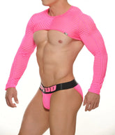 Bright pink wrangler l s crop top with ribbed texture long sleeves and black waistband featuring stud branding