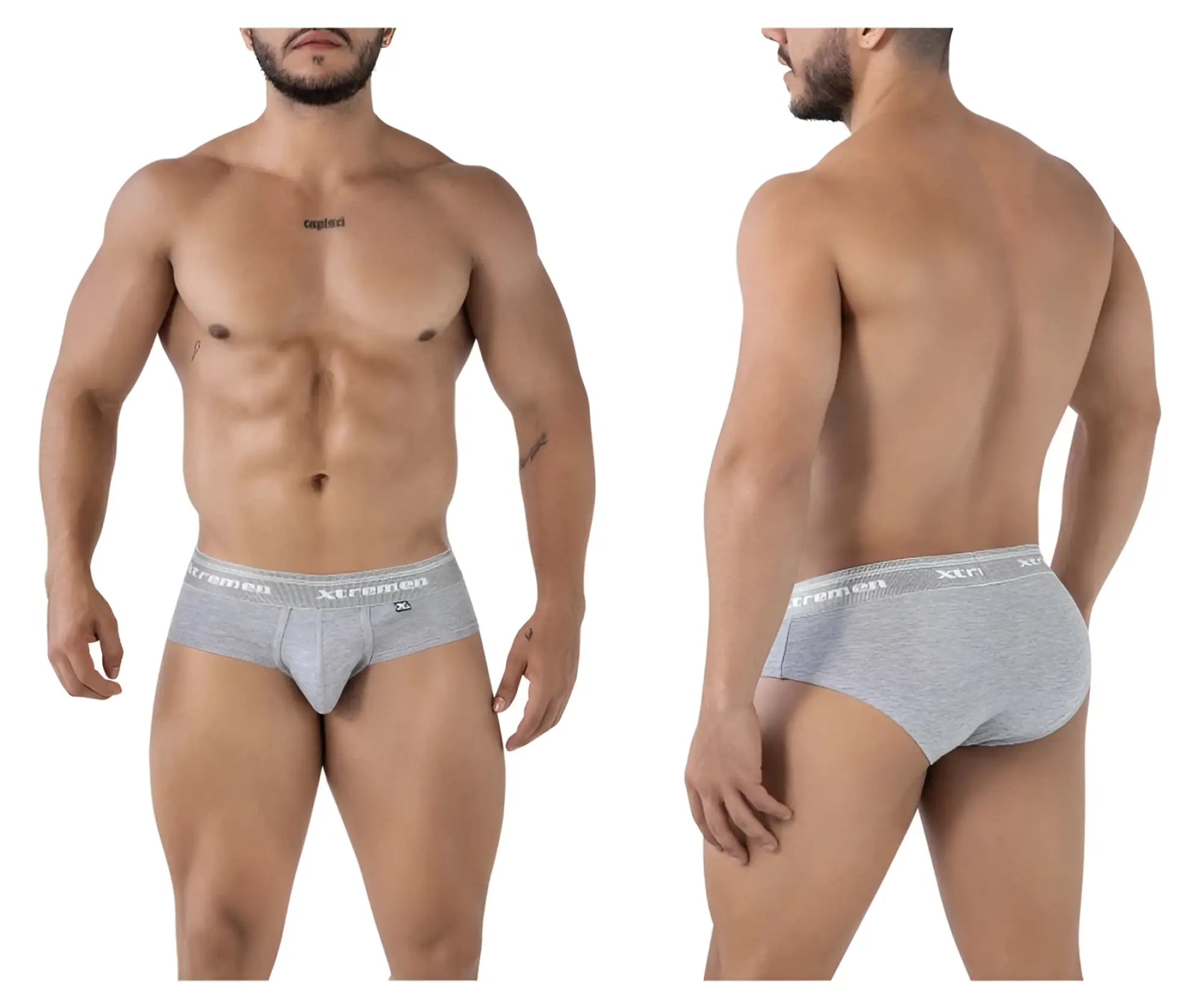 Gray heathered cotton blend briefs with white elastic waistband featuring xtreme logo and emblem in jasper gray