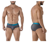Gray xtremen 41316 microfiber men’s briefs with a teal elastic waistband featuring the logo and brand emblem