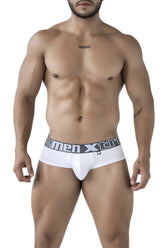 White xtremen 41316 microfiber men’s briefs with gray waistband featuring xtreme logo and xc emblem