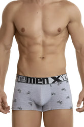 Gray xtremen 51437c cycling print boxer briefs with black bicycle pattern and remenxt branded waistband