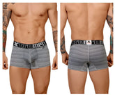 Gray striped men’s boxer briefs with black elastic waistband featuring xtremen brand name geometric jacquard trunk