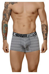Gray striped men’s boxer briefs with black elastic waistband featuring xtremen brand name in geometric jacquard trunk style