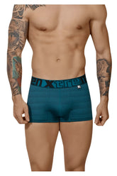 Teal textured boxer briefs with geometric jacquard pattern and black xtremen elastic waistband in petrol color