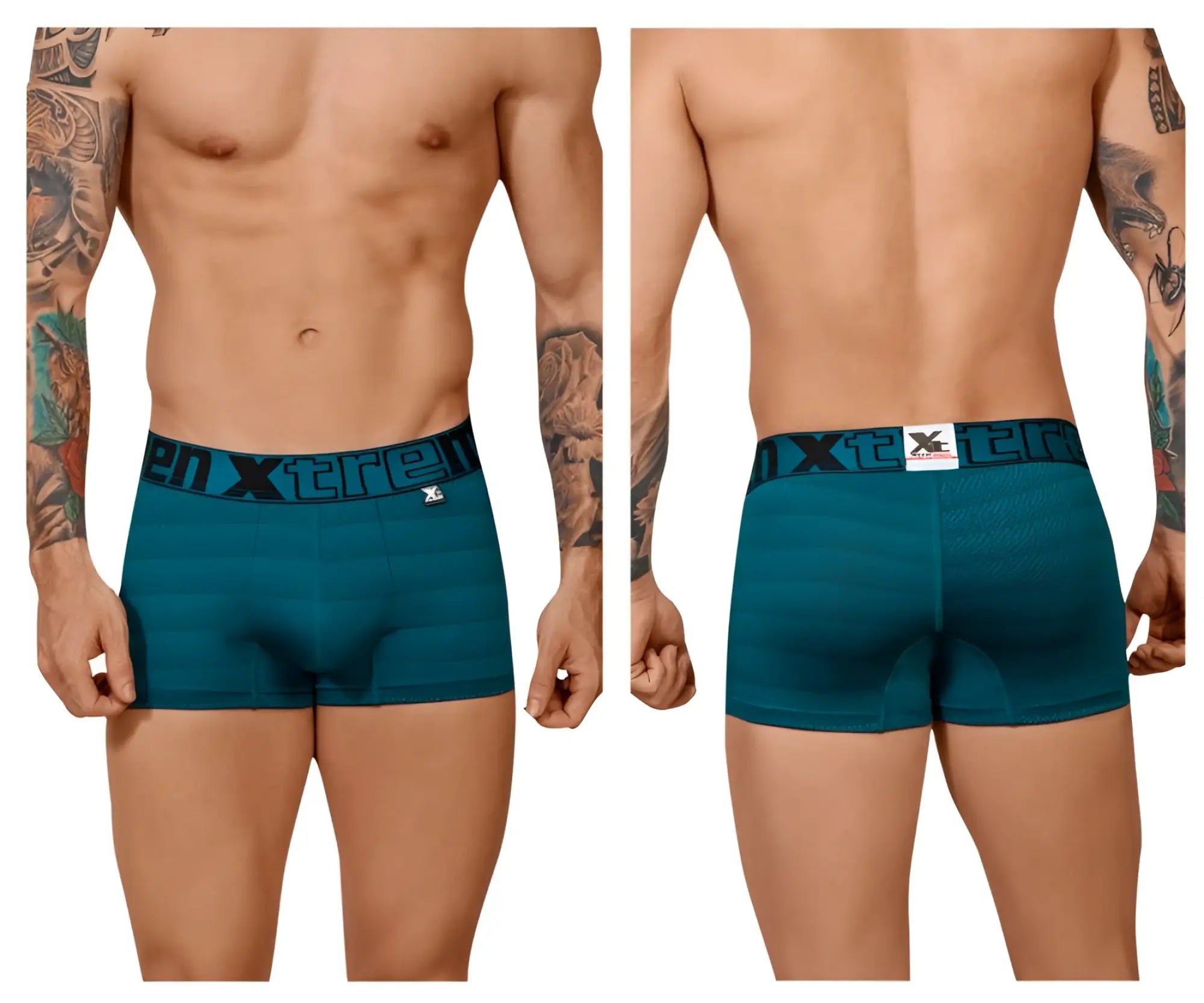 Teal textured men’s boxer briefs with black xtreme branded elastic waistband featuring geometric jacquard design