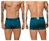 Teal textured men’s boxer briefs with black xtreme branded elastic waistband featuring geometric jacquard design