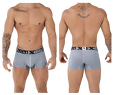 Gray patterned menxtreme microfiber jacquard trunks with black waistband featuring menxtreme logo