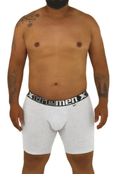 Gray heathered boxer briefs with black elastic waistband and xtremen x logo in white from xtremen 70001 plus collection