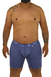 Xtremen 70004 plus blue striped men’s boxer briefs with patterned waistband and small front logo for comfortable wear