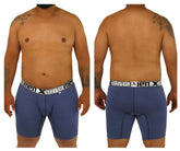 Blue patterned men’s boxer briefs with white elastic waistband featuring xtreme brand name xtremen 70005 plus model