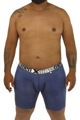 Blue patterned men’s boxer briefs with white elastic waistband featuring xtreme logo xtremen 70005 plus model