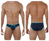 Navy blue and teal xtremen 91074 microfiber briefs with textured fabric and x-shaped front design