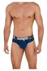 Blue xtreme microfiber briefs in petrol color with white and black logo band showing front side details