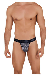Black and gray patterned men’s microfiber mesh bikini thong with branded waistband in black color front view